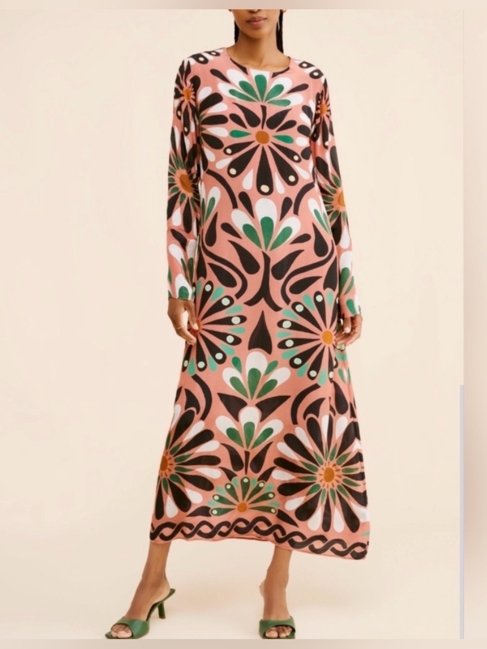 Farm Rio Ainika Flowers midi silky long sleeve dress size XS